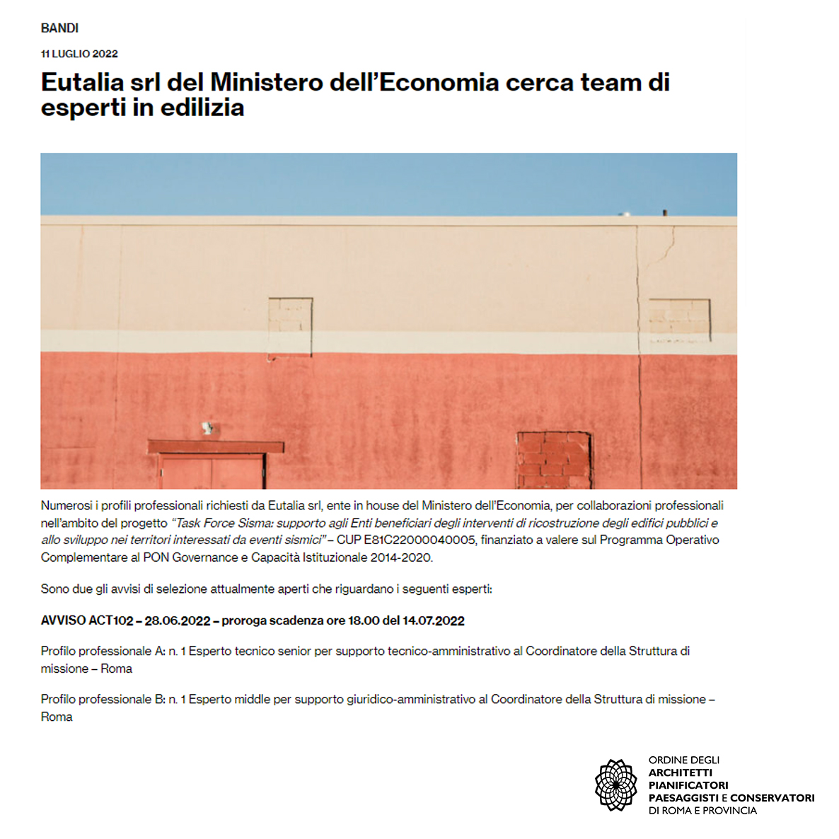 architettiroma's tweet photo. #professione #newsarchitettura
Eutalia srl del Ministero dell’Economia cerca team di esperti in edilizia
.
Numerosi i profili professionali richiesti da Eutalia srl,
@MEF_GOV
, per collaborazioni professionali nell’ambito del progetto #TaskForceSisma
.
➡️ https://t.co/1d9OJ0uaoF https://t.co/H0Oqd1QE3K