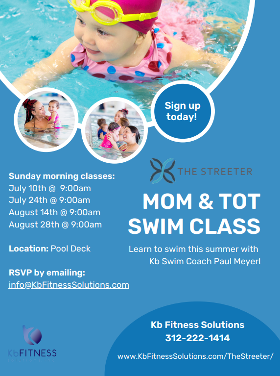 Dear Streeter Residents,
We have some exciting events coming up at The Streeter. Please join us at our mom and tot swim class now until August!

There are limited spots available so please RSVP to save your spot!

Hope to see you there! 🏊‍♀️🏊‍♀️