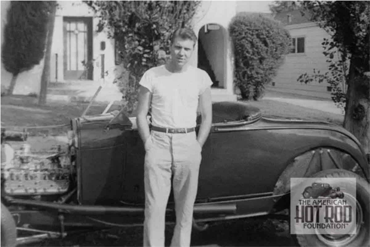AmerHotRodFdn's tweet photo. Hollywood resident, Alex Xydias, poses in front of his friend and partner Bob Shaw's roadster back in 1947. 
⁣⁣
We're proud to feature Alex's story, including video interview footage and a gallery of rare historic photos:https://t.co/q1boB7fDcF.

#HotRodHistory #SoCalSpeed https://t.co/NinVbSus3c