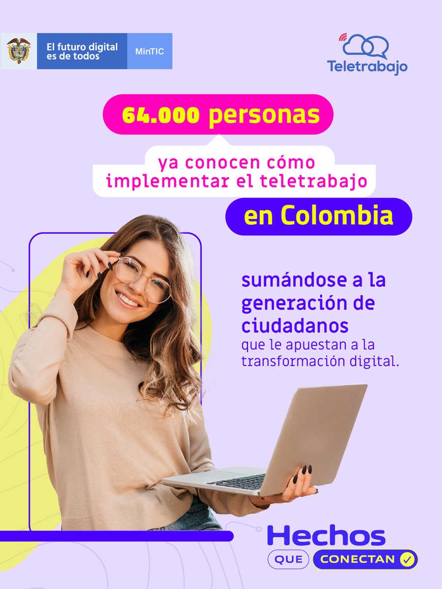 TeletrabajoCo's tweet photo. 👩🏽‍💻🇨🇴 #EsConHechos que desde el @Ministerio_TIC incentivamos el uso, apropiación y masificación de las TIC mediante la promoción, difusión y fomento del teletrabajo, aportando a la movilidad sostenible, promoviendo la inclusión social y transformando la vida de los colombianos. https://t.co/rnzLMjVNTA