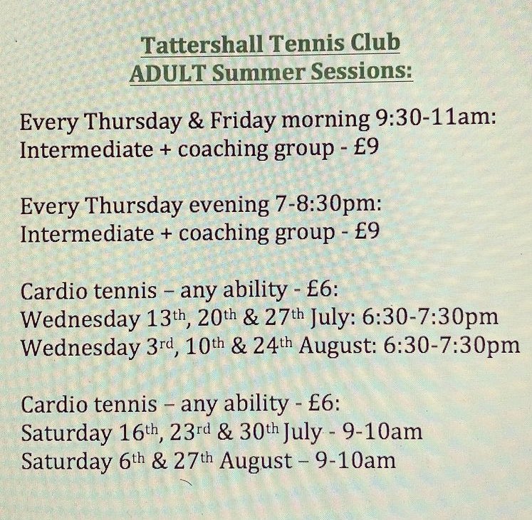 tattershalltc's tweet photo. Summer Holiday Junior &amp; Adult Tennis Sessions  🎾👇☀️

Please get in touch to book onto a group or if you would like some more info 👍

#Tennis #Tattershall #Lincolnshire #SummerHolidays #StayActive 

@ltalincs @the_LTA @jade_windley @guygalpin @SeanGalpin https://t.co/OlV18z3eSy