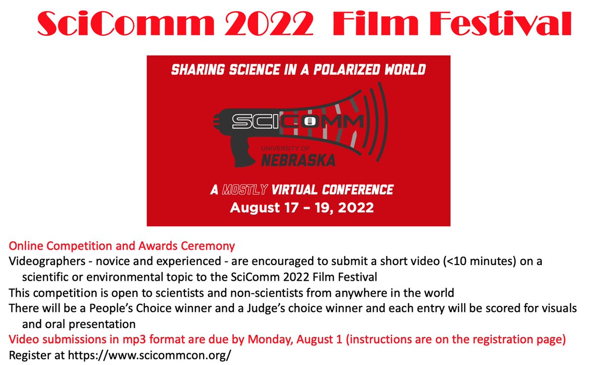 HEY SCIENCE VIDEOGRAPHERS!
We seek short videos for the Film Festival portion of the @UNL_SciComm 2022 on August 17-19!

When you register for the conference at scicommcon.org, you can sign up to submit your short (&lt;10 min length) video

#SciComm