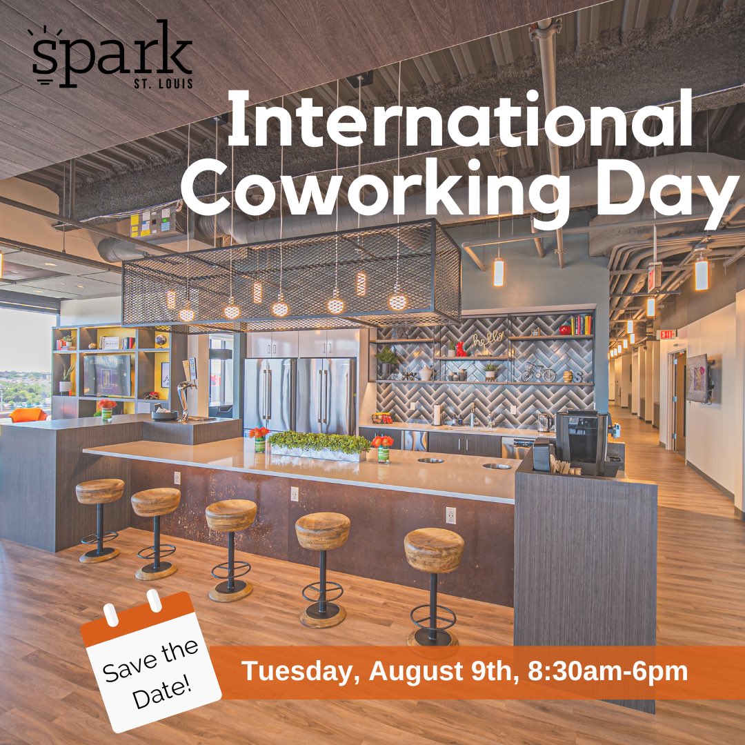sparkstlouis's tweet image. 📣Join the Spark St. Louis community as we celebrate #InternationalCoworkingDay2022 on August 9th with free coworking, lunch and Happy Hour in our lounge. Visit this link to RSVP &amp;amp; snag your spot sparkstl.ticketleap.com/intlcoworkingd… 📲 #entrepreneurship #sparkstl #coworking #STLMade