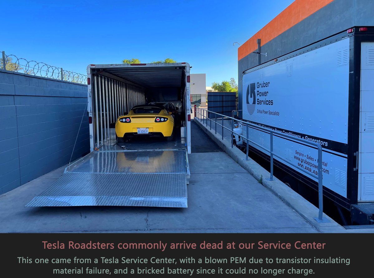 GruberMotor's tweet photo. We rescue Tesla Roadsters and put them back on the road.  
This photo essay describes a common occurrence at our Service Center, the Roadsters come in dead, and we get busy rebuilding electronics no longer in production, and recovering and repairing main ESS battery packs. https://t.co/85OuQRPCwh