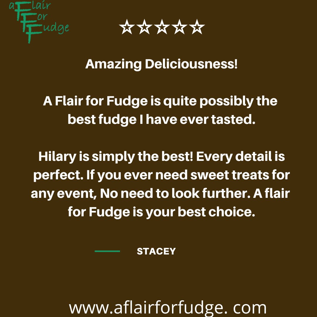 HilaryFudgeLady's tweet photo. It's our favorite time of the week where we get to share a review from a happy AFFF fudge customer.
Thanks to Stacey for the sweet review β€
#happycustomer #AFlairForFudge #thefudgegal #yourlocalfudgedealer #TestimonialTuesday #fudgelovers #customizedgifts #therealfudgelady https://t.co/okl3HirrTZ