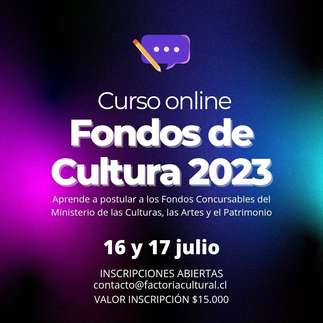 ¡Comenzamos este sábado! 
CURSO: FONDOS CULTURA 2023
Ingresa al enlace para más información e inscripciones fb.me/e/1ZbBaj2oo