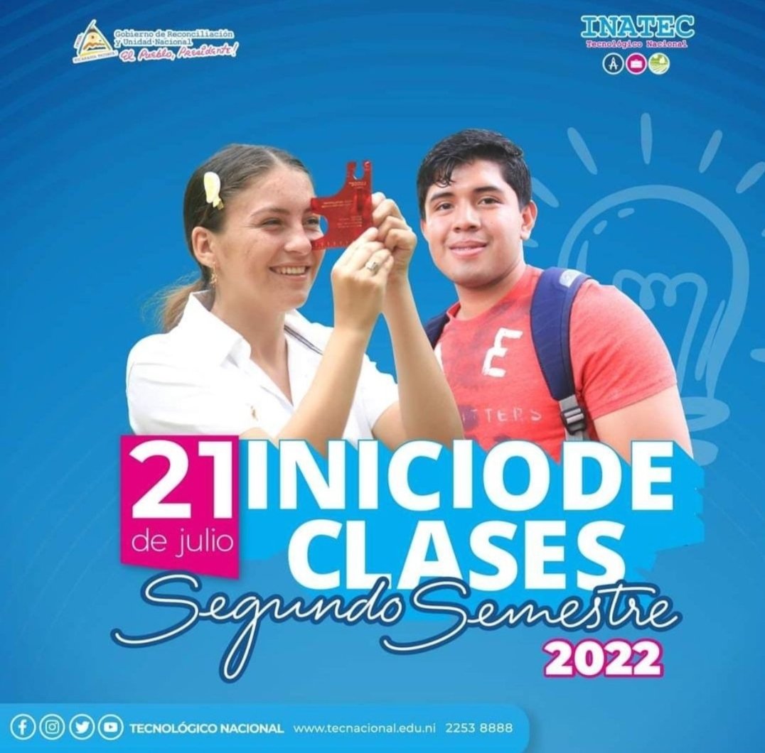 El 21 de Julio da inicio el Segundo Semestre en los Centros Tecnológicos del <a href="/TecNacional/">Tecnológico Nacional</a> oferta académica para cursos libres 
#4319FuerzaDeVictorias 
#Nicaragua 

<a href="/minednicaragua/">Ministerio de Educación Nicaragua</a> <a href="/miltonyani/">Milton S.</a> <a href="/maquimo63/">MQuinteroM</a> <a href="/auranicaragua2/">aura</a> <a href="/Atego16/">@🅰🆃🅴🅶🅾 🇳🇮</a> <a href="/CTiscapa/">Comunicación Villa Tiscapa</a> <a href="/YaraGmez/">Yara 🇳🇮</a> <a href="/SinOrgaNoHayAcc/">UVE Miguel Bonilla</a> <a href="/Agaton79/">αgαтσи☭ 🇳🇮🇵🇸🕊️</a>