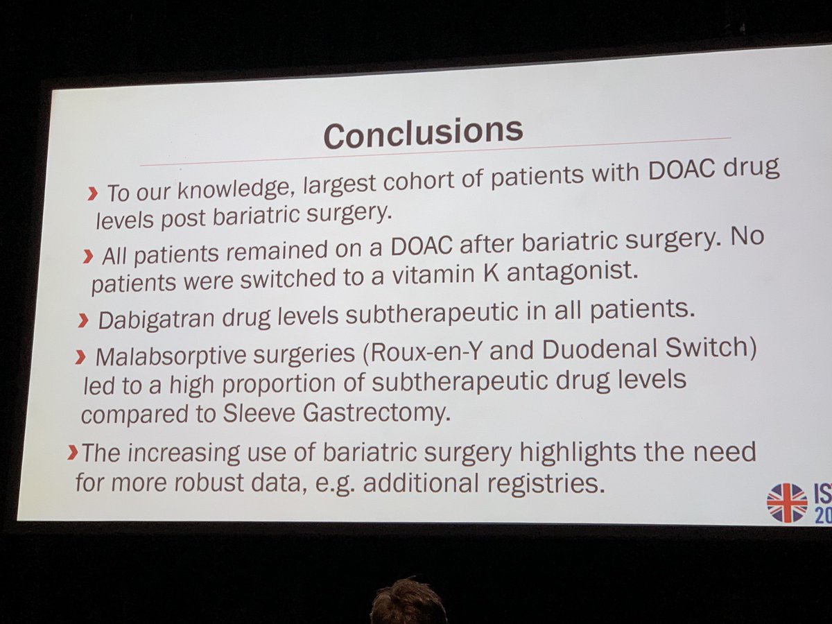ProfMakris's tweet photo. Barbara Gunka described the use of DOACs after bariatric surgery. Dabigatran is problematic but Rivaroxaban and Apixaban can be used. No patients needed to go onto warfarin. #ISTH2022 https://t.co/FF1Zo6COII