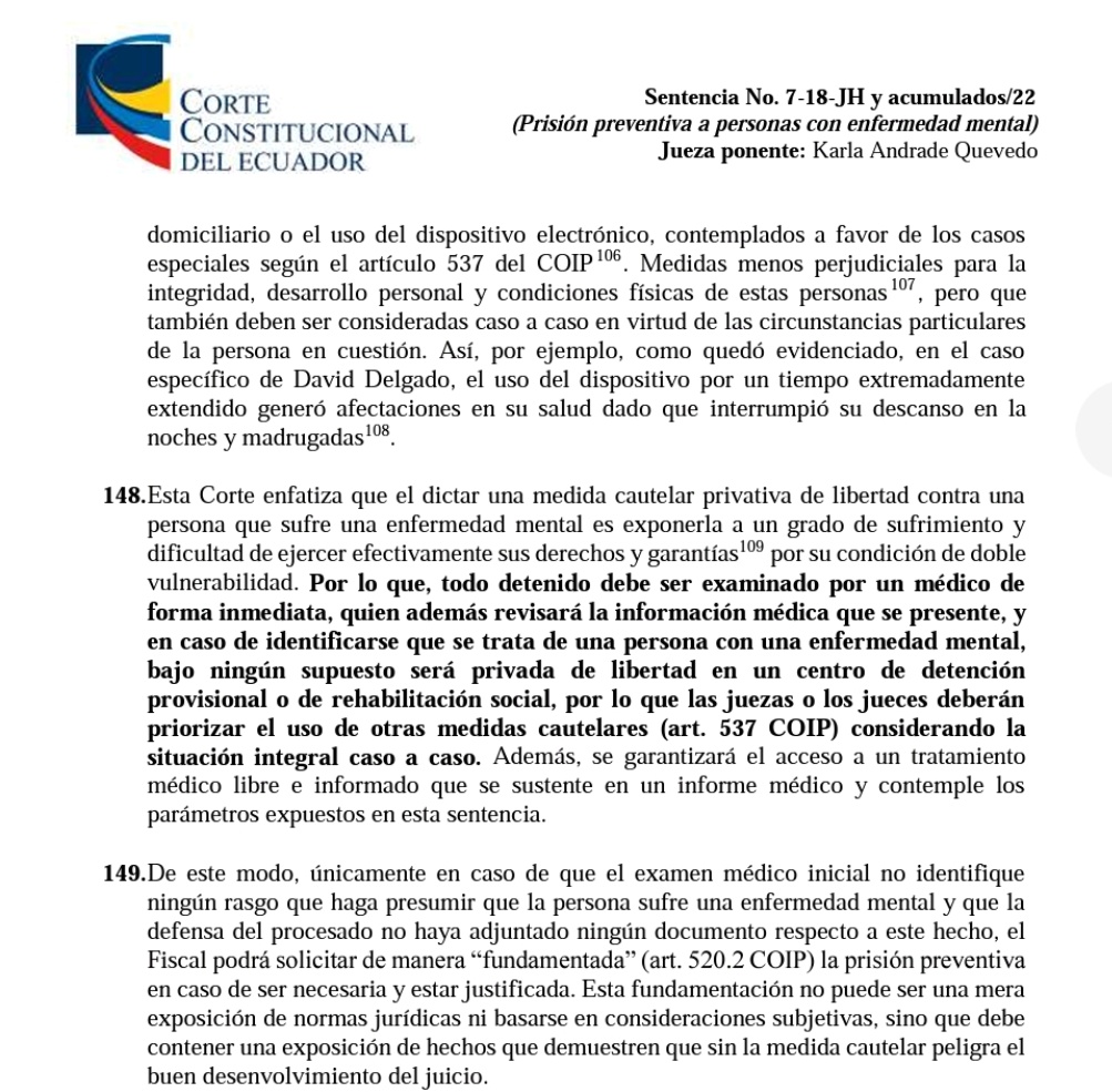 ACervantes_EC's tweet photo. Sentencia 7-18-JH👇

En ningún cabe ordenar prisión preventiva a una persona que se presume padezca de enfermedad mental. 

Hasta ser declarada inimputable, debe optarse por arresto domiciliario o dispositivo electrónico.

En caso contrario, procede el habeas corpus. https://t.co/4yUDDmin25