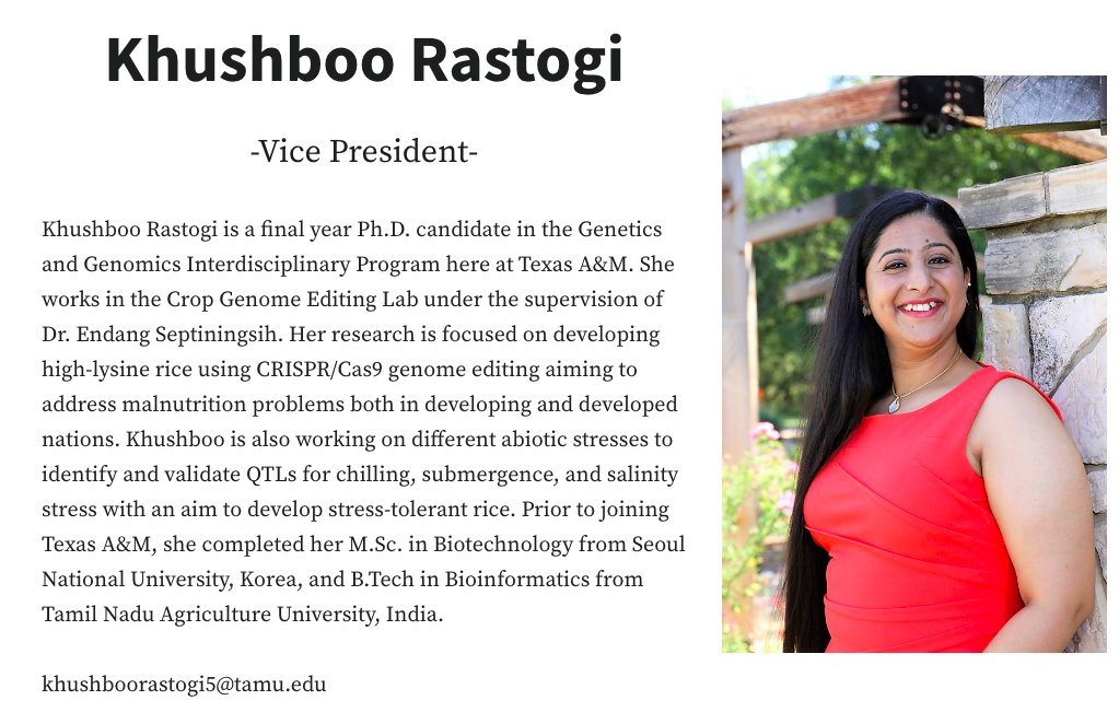 GE_TAMU's tweet photo. Committee member spotlight: the 2022 GES Vice-President Khushboo Rastogi! https://t.co/xBk4HjtvSi