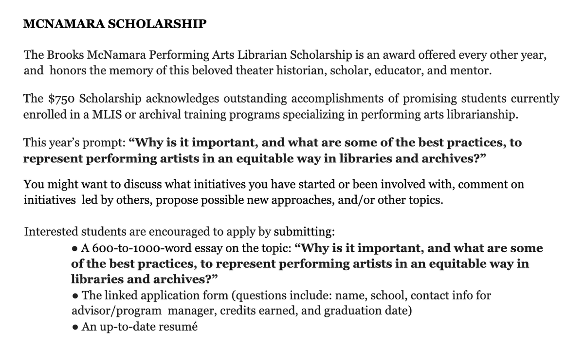 MusicLibStEP's tweet photo. Current MLIS students: Apply for the Theatre Library Association's Brooks McNamara Performing Arts Librarian Scholarship! The best essay on equity in performing arts archives will win $750 and a TLA annual membership. Apply here: https://t.co/c4XQIXUtf9 https://t.co/kngrFZvJqg