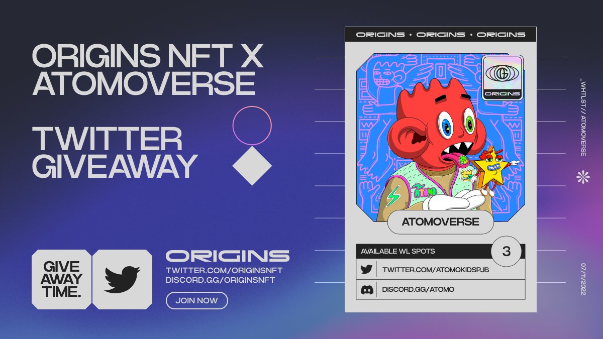 Origins x AtomoVerse

A collection by Pedro Baez, featuring 5555 Atomo's from all over the AtomoVerse. Inspired by love, fashion, retro, sci-fi, and nostalgic memories.

3 Spots!

To enter:
1. Follow <a href="/Origins_Collabs/">Origins Collabs</a> &amp; <a href="/AtomoKidsPJB/">Atomo PJB</a>
2. Like+RT
3. Tag 3 friends

You have 24 hours!
