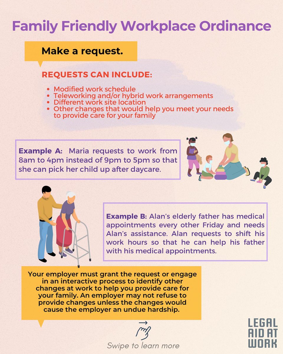 LegalAidAtWork's tweet photo. Today new Amendments to the Family Friendly Workplace Ordinance go into effect, giving SF workers the ability to access schedule changes or other changes at work to help with family caregiving and parenting responsibilities!🎉🎉🎉For more info see our FAQ: https://t.co/I26BbAXY5Y https://t.co/qkNkeDSxip