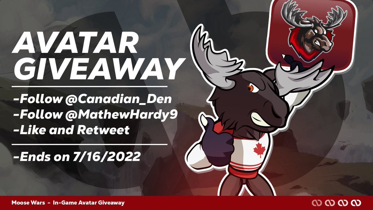 MathewHardy9's tweet photo. I am giving away a Moose Wars In-Game Avatar!

How To Enter:
1. Follow @Canadian_Den 
2. Follow @MathewHardy9 
3. Like and Retweet this post!

The giveaway will end on 7/16 at midnight! Good luck!
#Brawlhalla #MooseWars https://t.co/7Q4B4WWwyY