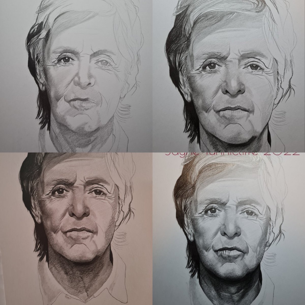 Jaynetunners's tweet photo. Four different stages - about 8 hours so far. Still quite a way to go.
#PaulMcCartneyPortrait #pencilportrait #paulmccartneyart #pencildrawing #art #artist #processart #TheBeatles #howidraw https://t.co/vz3KHQbdCs
