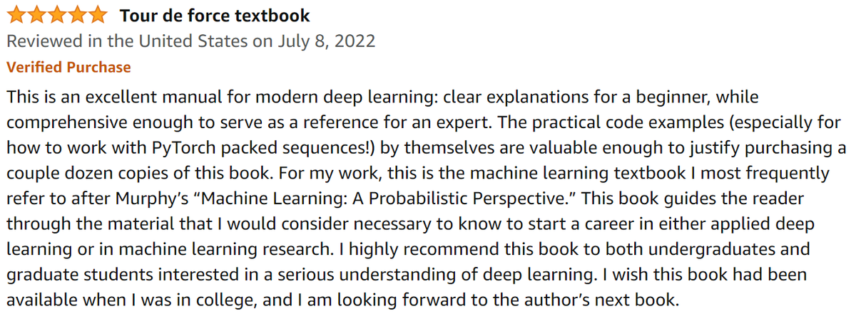 EdwardRaffML's tweet photo. First amazon review for #InsideDeepLearning ! You can get it @ManningBooks https://t.co/FCqKvTeDL0 or @amazonbooks https://t.co/tUA3wuJ8Mj It's the perfect belated July 4th gift for your friends and family! The weird looks they give you are a sign of love and appreciation! https://t.co/TDTk4Dm3P7
