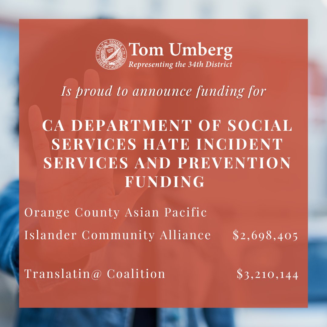 SenatorUmberg's tweet photo. Two weeks ago, @CaliforniaDSS awarded $30.3 million to 12 organizations across CA to aggressively address hate crimes.
Iโm proud to share that both @OCAPICA97 & @TransLatina_Coalition were in that group!
#StopAPIHate #SD34 #StopHate, @CAcommissionAPI, @AAPILegCaucus https://t.co/NUJdLIUT8d