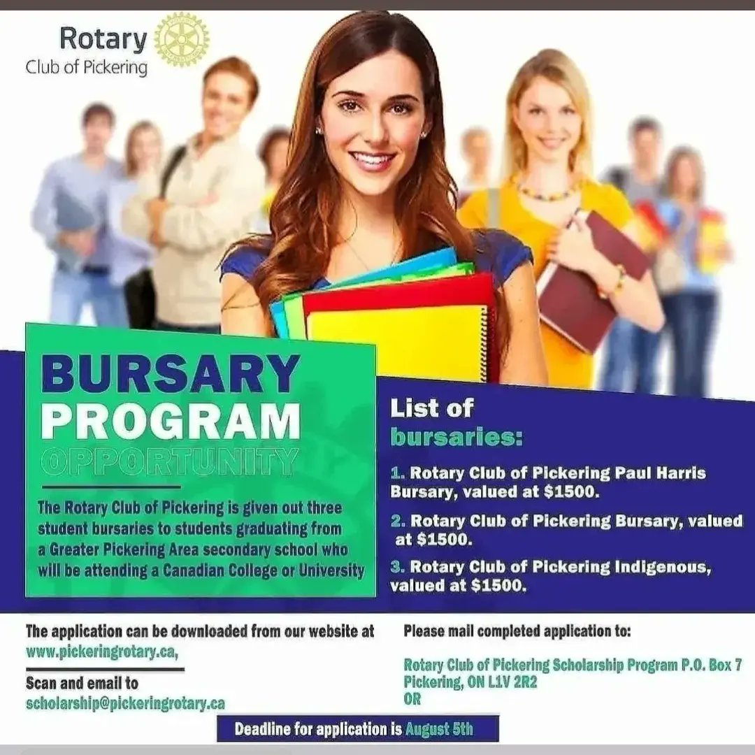 RotaryPickering's tweet image. The Rotary Club of Pickering will be giving out three student bursaries.  

To find more information, and apply for the bursaries visit  pickeringrotary.ca 

The deadline for application is August 5th.