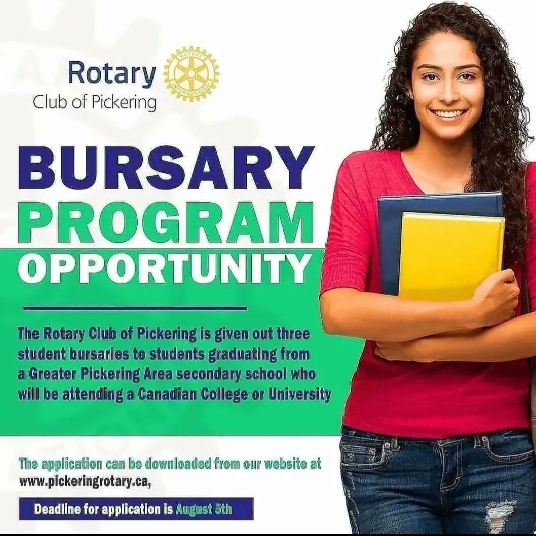 RotaryPickering's tweet image. The Rotary Club of Pickering will be giving out three student bursaries.  

To find more information, and apply for the bursaries visit  pickeringrotary.ca 

The deadline for application is August 5th.