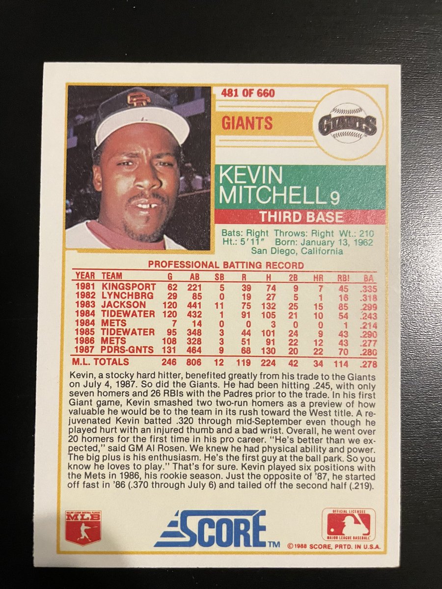 Kevin Mitchell in 1988 as a <a href="/SFGiants/">SFGiants</a> , a year later Kevin went on to win MVP of the league 💪#baseballcards