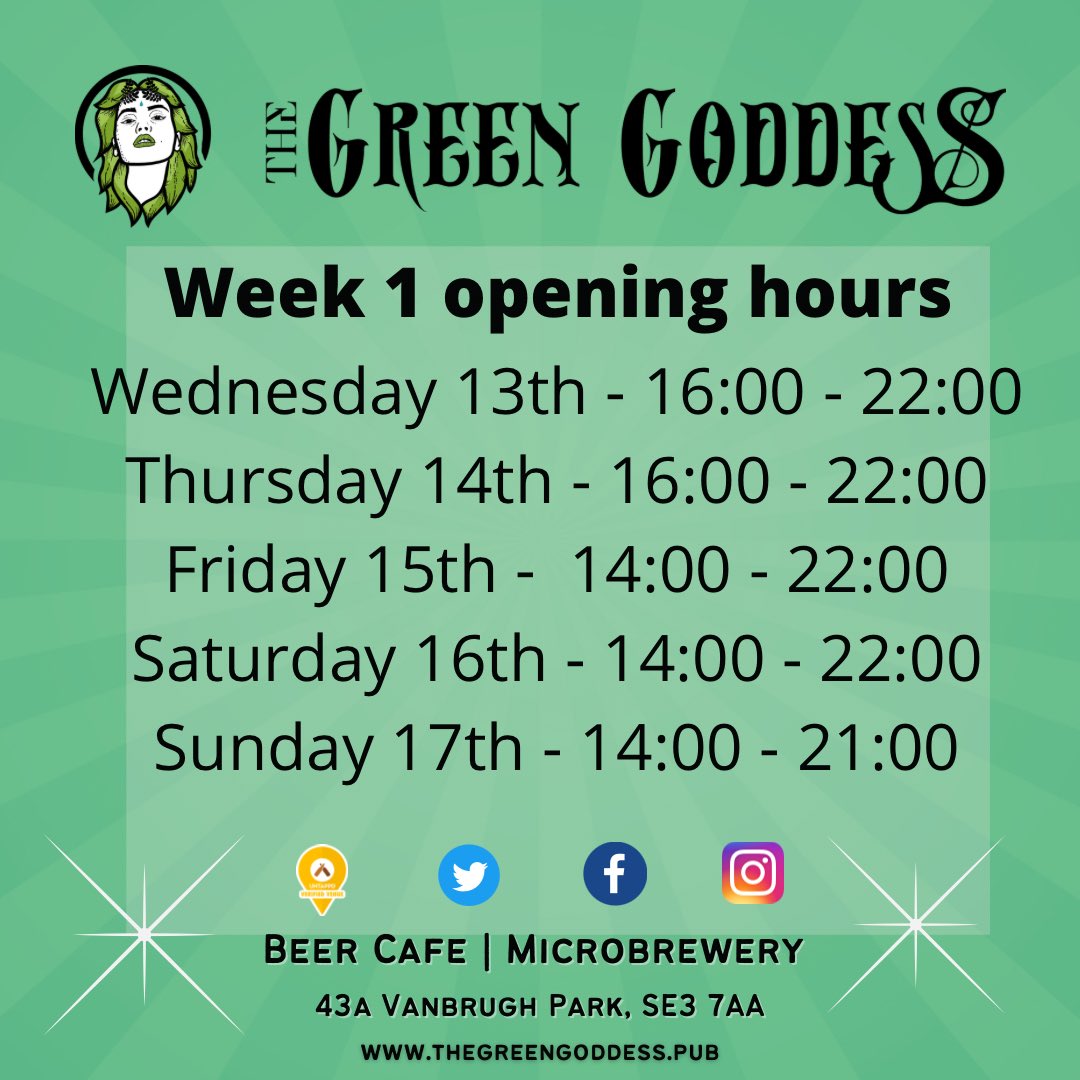 GreenGoddessPub's tweet photo. We’re looking forward to welcoming you all! These are our opening times for the first week. We don’t have food or coffee/tea yet, we’ll announce when we have those in place. We thank you in advance for your understanding as we wobble into the blazing sunlight as a newborn pub! https://t.co/bP4GXgMTit