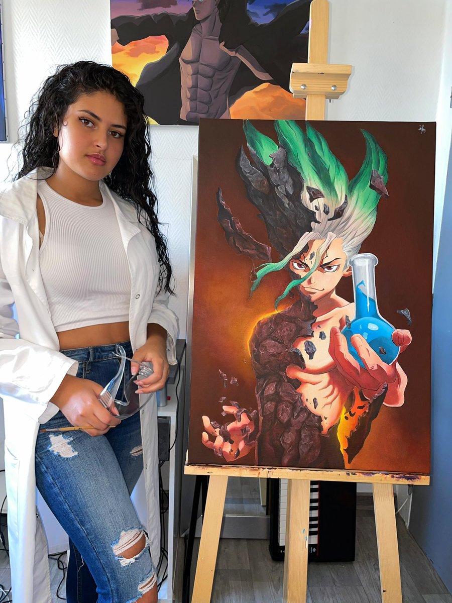 Riizmira's tweet photo. Salut j’ai enfin fini mon tableau Dr Stone et j’en suis amoureuse 🥺 (j’ai sorti la tenue de TP mdr) 
Copies disponibles en PV 😘 https://t.co/TGbDcuoERa