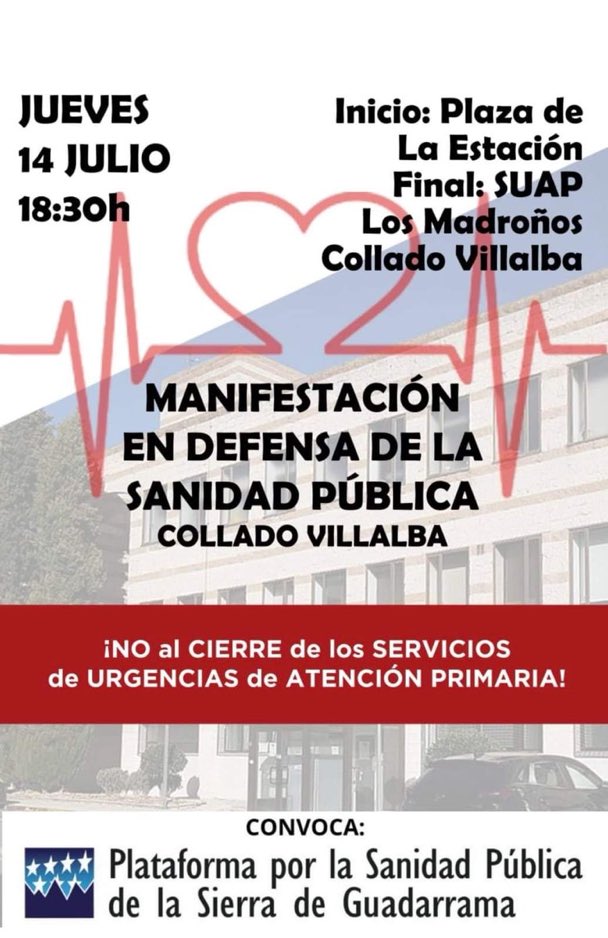 🛑 Manifestación en Defensa de la Sanidad Pública

📍Jueves 14 de Julio, 18:30 horas. Plaza de la Estación, Collado Villalba. 

✊🏻¡Entre todas detendremos el desmantelamiento de la Sanidad Pública Madrileña!