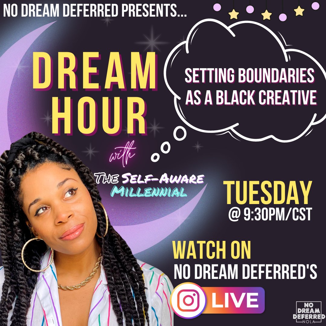 NDDNola's tweet photo. Join J.Mix, The Dream Team, and the NDD community on IG Live as they chat about "Setting Boundaries as a Black Creative" TONIGHT at 9:30pm/CST.

#DreamHour #Discussion #SettingBoundaries #Boundaries #TheSelfAwareMillennial #TSAMPodcast #Virtual #Live #BlackArtists #OccupySpace https://t.co/NkMalnOqIa