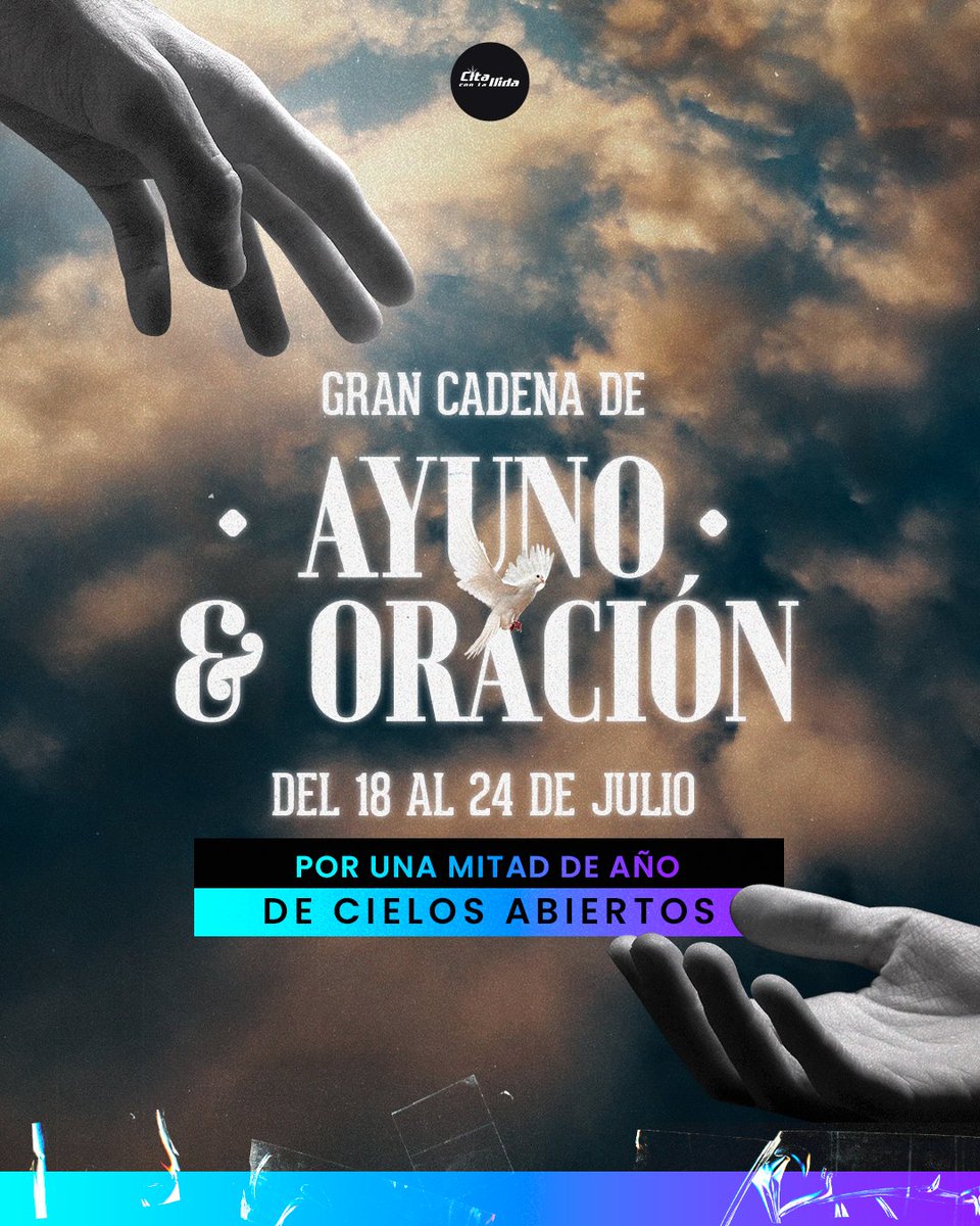 CitaConLaVida's tweet photo. ⛓#CadenaDeAyunoYOración 🙏🏼 #Metas2022 📝

📅 ¡Segunda mitad del Año! 🙌🏼

🙌🏼 Desde el Lunes 18 al Domingo 24 donde cerraremos con la Gran Santa Cena del Señor. 🥖🍷

⛪ Los esperamos en todas las reuniones, unidos a esta gran semana de Clamor y Ayuno por las metas 2022 🔥 https://t.co/lMG33a7d2p