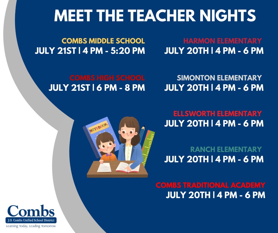 JOCombsUSD's tweet photo. 📣 Hey #CombsCommunity 📣
Wanting to meet your student's teacher for the upcoming school year? Here is the list of Meet the Teacher/Open House nights next week. Parents and students are invited to join us! https://t.co/bDmVCgCzua