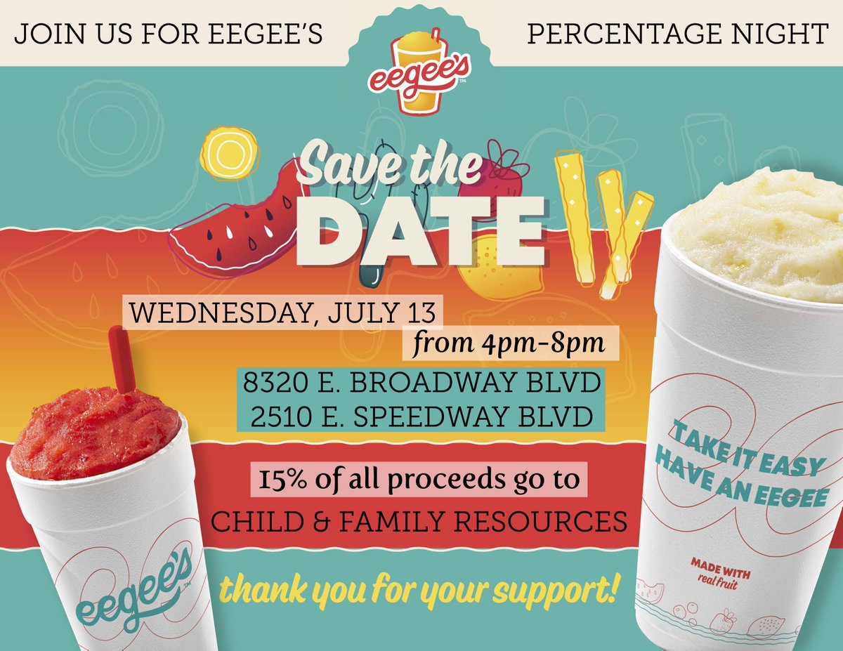 CFRArizona's tweet image. Hi friends! We've partnered with @eegees's to bring you a delicious opportunity to support families and children in need right here in your community! Eat at #Eegee's tomorrow, July 13 from 4-8pm at 2 different Tucson locations! See flyer below!
#CFRArizona