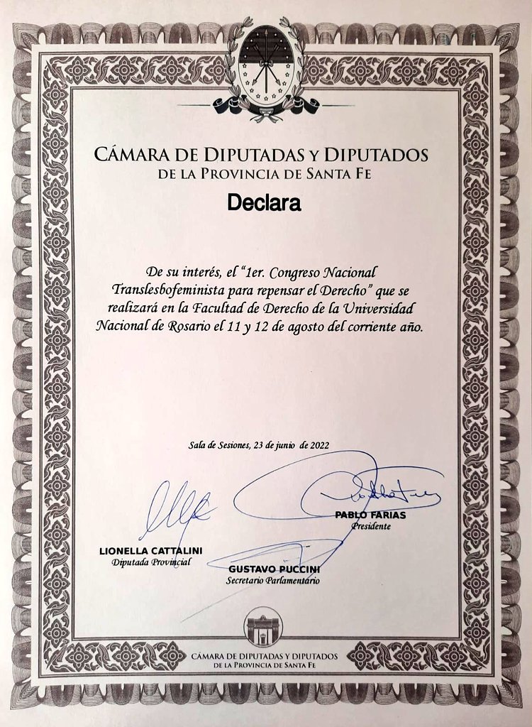 📣El "1er Congreso Nacional Translesbofeminista para repensar el Derecho" fue declarado de interés por la Cámara de Diputadas y Diputados de la Provincia de Santa Fe 🥰 Gracias a la Comisión de Género y especialmente a la Diputada <a href="/LioneCattalini/">Lione</a> por promover esta Declaración