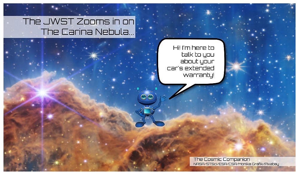 CompanionCosmic's tweet photo. The JWST zooms in on the Carina Nebula! What has the James Webb Space Telescope found?

#unfoldtheuniverse #JWST #JamesWebb #NASA #science #sciencehumor #sciencememe #NASAMeme #WebbMeme #ItHadToHappen https://t.co/2iNECIH7Nk