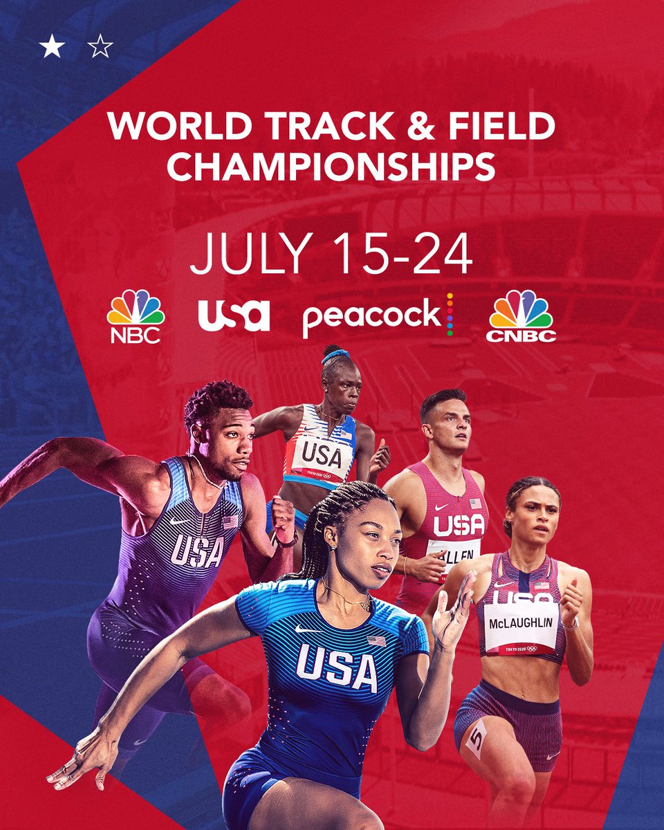 🗣️ ARE YOU READY?! For the first time on American soil, the best track & field athletes in the world are coming together for the #WorldAthleticsChamps. Watch the action from Eugene, Oregon July 15-24 on @nbc, @USA_Network, @CNBC and @peacockTV.