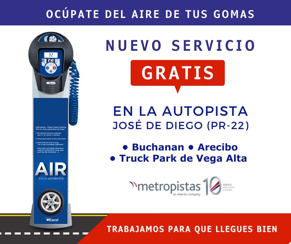 Metropistas's tweet photo. 🛑 OCÚPATE DEL AIRE DE TUS GOMAS visitando una de nuestras plazas en la autopista José de Diego (PR-22) que cuentan con el servicio gratis para revisar y llenar las gomas de tu carro.

Conoce más: https://t.co/AGyWcRSe33
#EnRutaContigo @DronChinita  @DTOP @prsecdtop @skytrafficpr https://t.co/77oPJW4Tq1