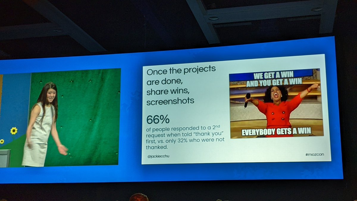 sandpoper's tweet photo. Thanking your teams and partners and sharing wins makes it more likely that they'll help you again. @jackiecchu #MozCon https://t.co/ZHZa7X5XKF