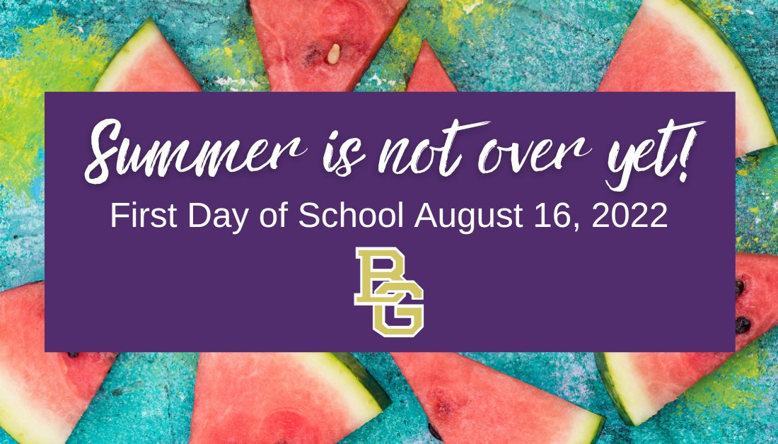 BGISD's tweet photo. It's the second week of July. Stores are stocked with school supplies. Our internal clocks are saying it's almost time to go back... but we've got a little bit longer this year. 34 more days of summer!

The First Day for K-12 Students is August 16th! https://t.co/0L0MjXDpyk