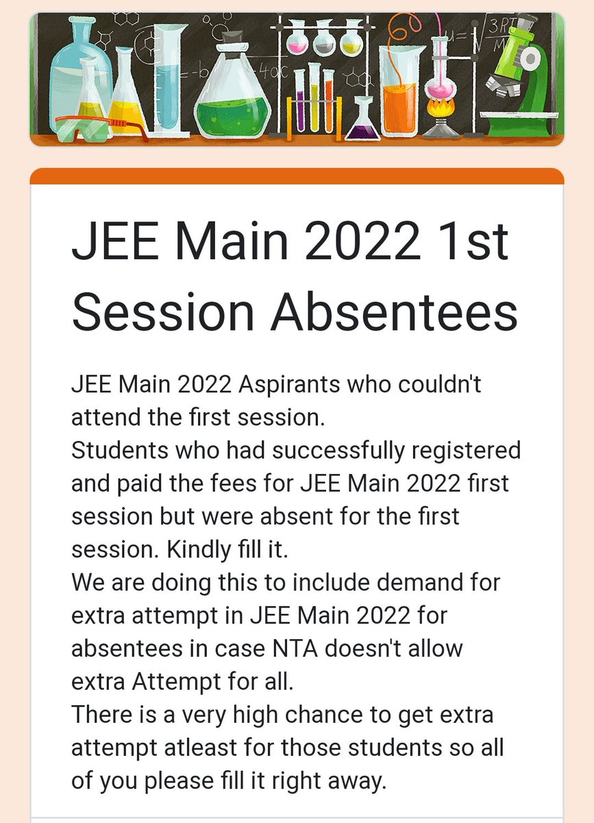 ark_tara's tweet photo. Aspirants who had successfully registered for #JEEMains2022 first session but were absent for the exam. Kindly fill this form. 👇🏻

https://t.co/0tNe96ft1d

There is very high chance that atleast absentees will get the attempt.
#JEEMainsExtraAttemptforall
#JEEMains2022ExtraAttempt https://t.co/A0EhIfFtcj