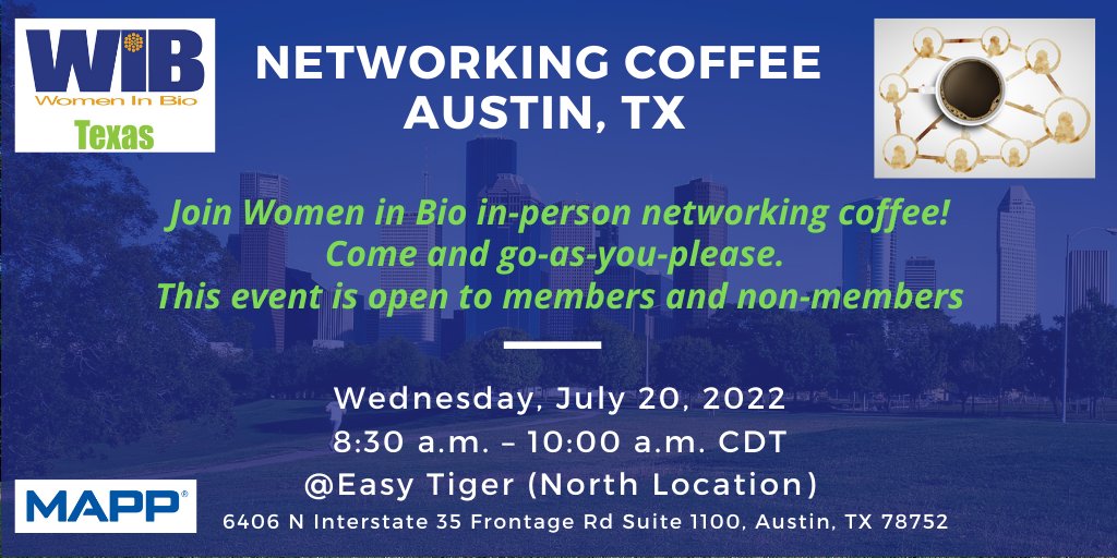 Join <a href="/WIBTexas/">WIB - Texas</a> for a #NetworkingCoffee on July 20 in #Austin, TX. Non-members and prospective members welcome - learn more about the Texas chapter and how you can get involved. Register here: lnkd.in/gygy3UKm
#WomenInBio #STEM #TexasBiotech #Texas <a href="/WomenInBio/">Women In Bio</a>