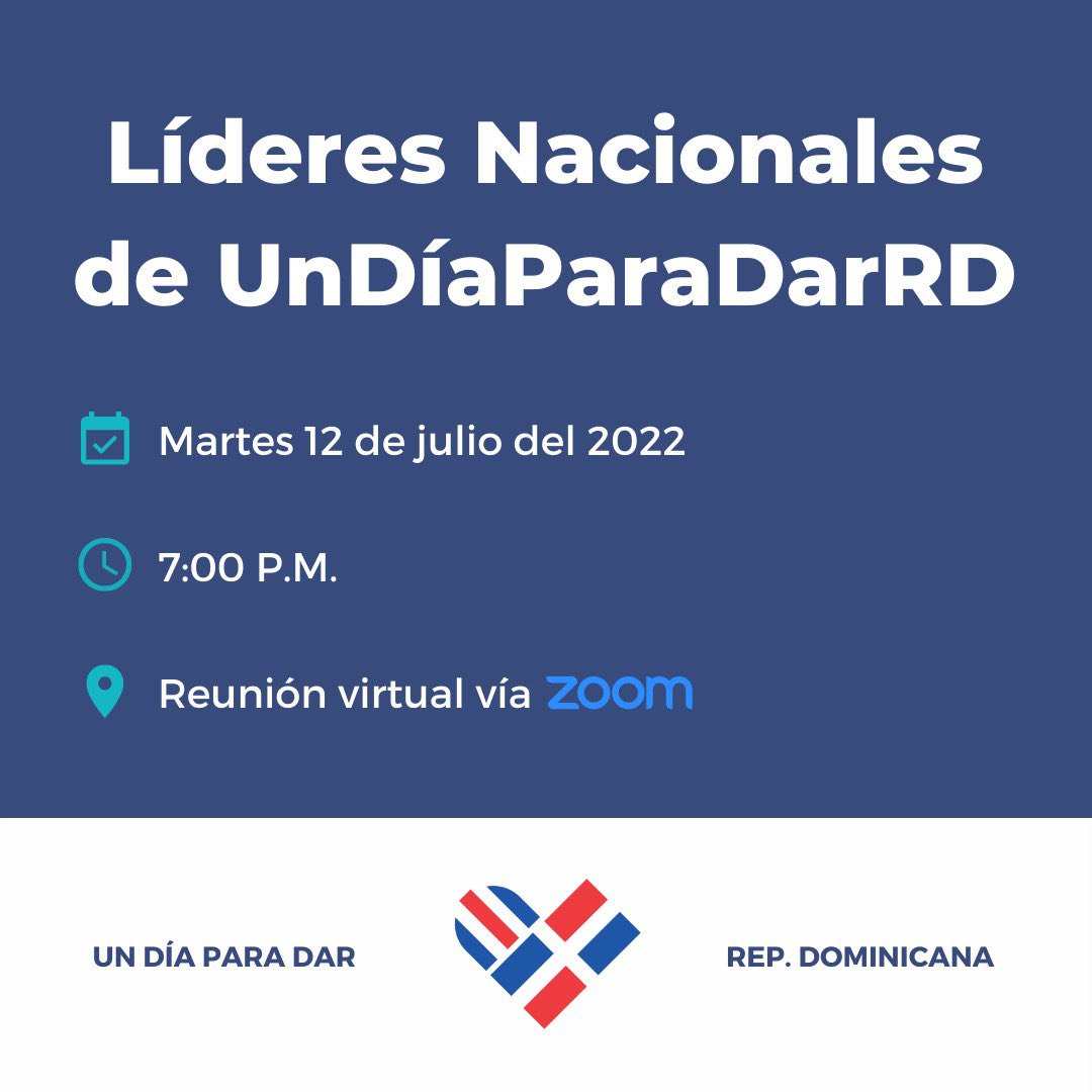 Hoy se celebrará un encuentro de voluntarios del movimiento <a href="/undiaparadarrd/">UnDiaparaDar_RD</a> <a href="/givingtuesday/">GivingTuesday</a> - no te lo pierdas, a las 7:00 pm por Zoom. Escríbenos por DM para que te mandemos el link de acceso.