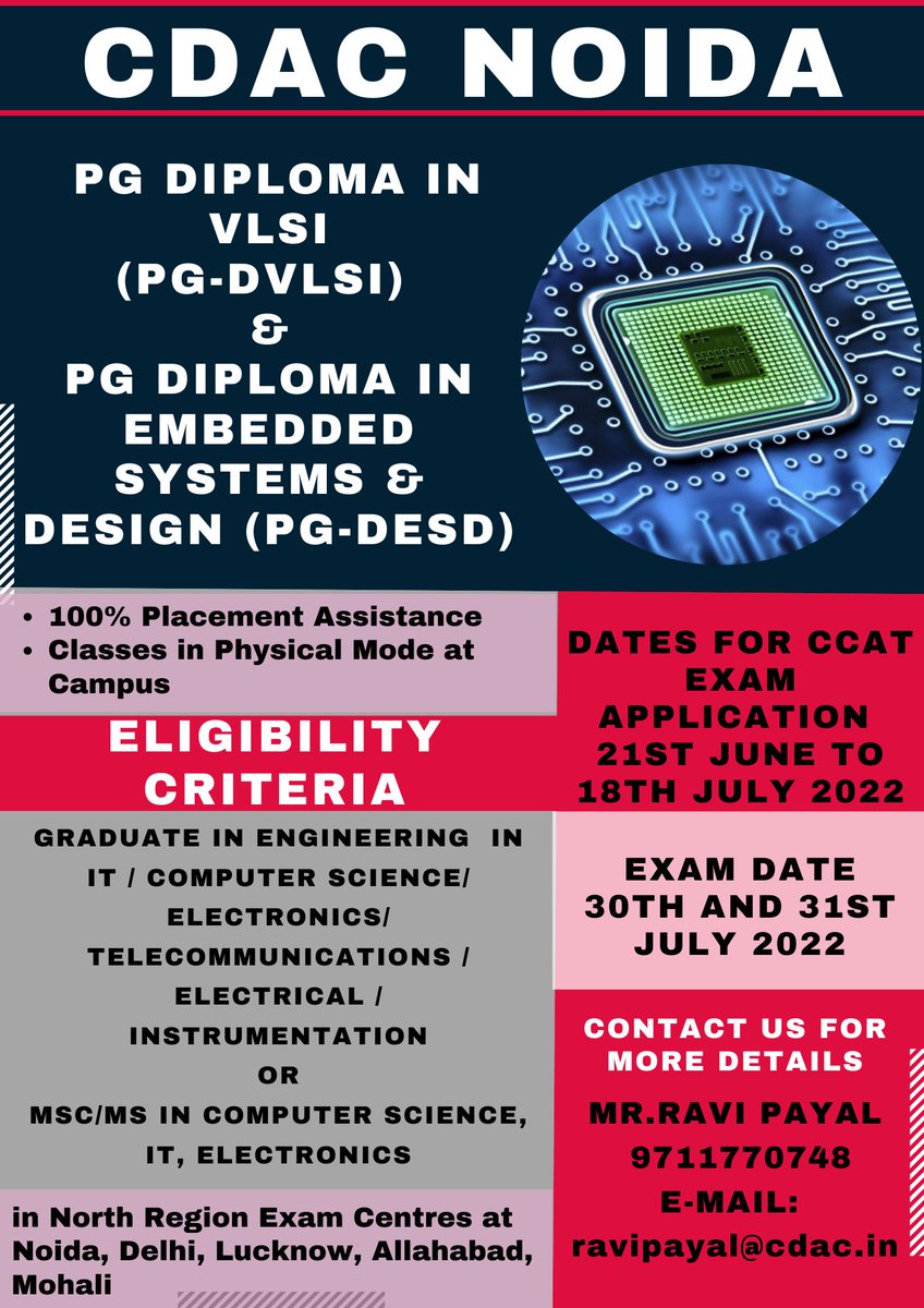 CDAC Noida announces job oriented courses related to VLSI and Embedded domain.The courses are specially designed for Fresh engineering graduates of Electronics , Electronics and communication, Electrical, Instrumentation , Computer science  students