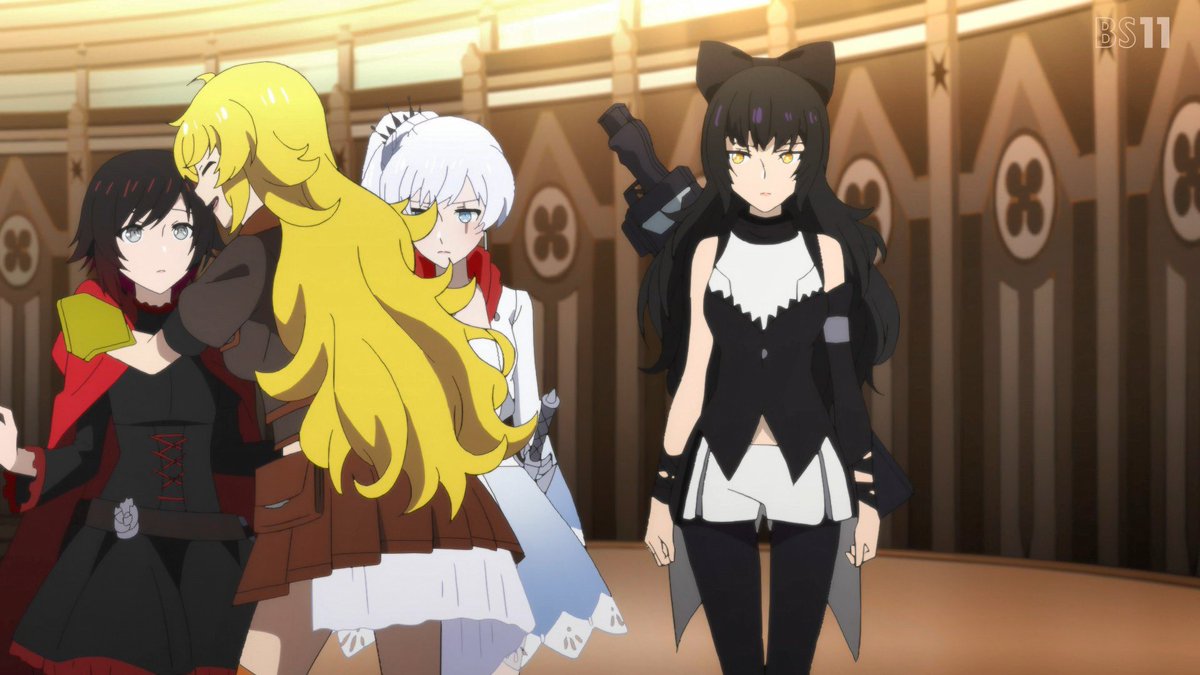 JokerSeraphy's tweet image. ルビー、ワイズ、ブレイク、ヤン
四人のチームワークで
ネヴァーモアを撃退するシーン
原作も好きだが
アニメの方も良いな😊

チームRWBY結成✨

ん？ワイスの首筋に……？😳
アニメは此処から変わるのか？

#RWBY氷雪帝国 
#2This is Beacon 「試験」