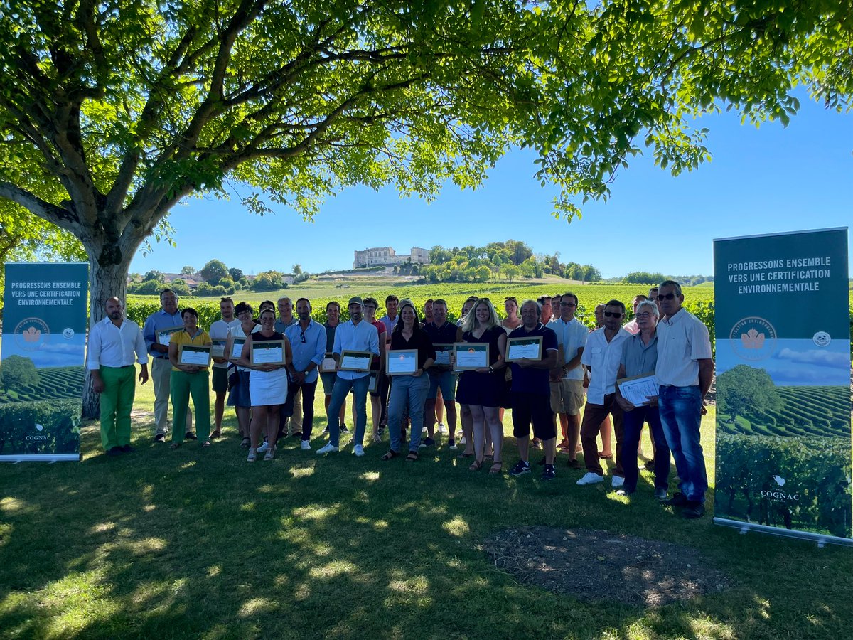 Environnement : près de 350 exploitations certifié(e)s pour presque 20 % de la surface de notre vignoble ça se fête ! Sous un arbre et avec une vue imprenable sur les vignes et le château de Bouteville #cognac #charente #certificationenvironnementalecognac #HVE 👌🎉🤩