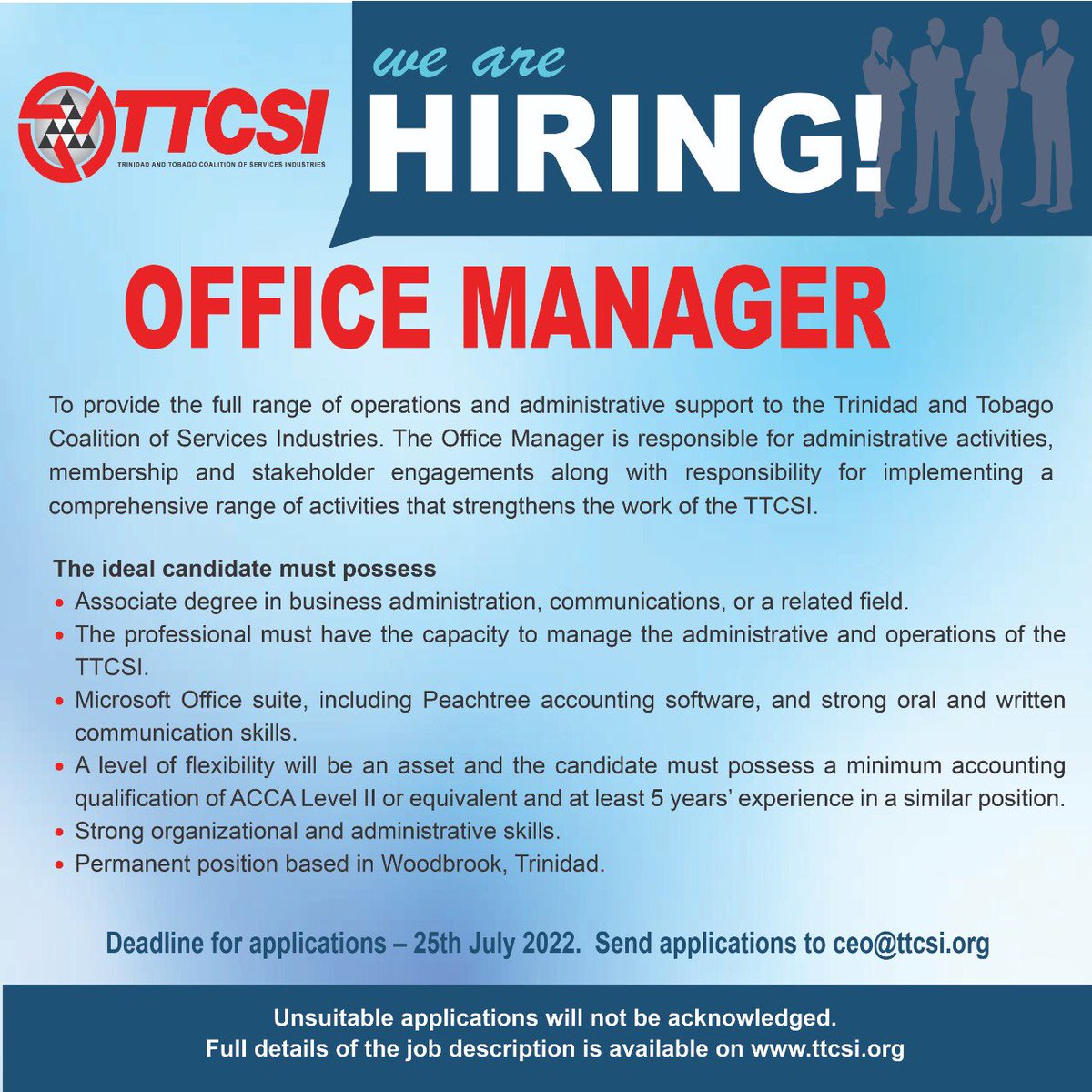 TTCSIORG's tweet photo. 𝗧𝗵𝗲 @TTCSIORG 𝗶𝘀 𝗛𝗶𝗿𝗶𝗻𝗴! 𝗢𝗳𝗳𝗶𝗰𝗲 𝗠𝗮𝗻𝗮𝗴𝗲𝗿,

For more information go to https://t.co/fjdH2G0lnT. #wearehiring #vacancy #Employment #employmentopportunity #ttcsi #TrinidadandTobago https://t.co/90aZssS5lD