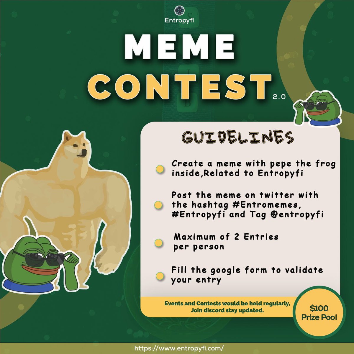 Regal Reawakening NG (@wallstreetjade) on Twitter photo Hello #CT π. <a href="/entropyfi/">Entropyfi (50,50)</a> still got $50 for 3 lucky memers.
Submit your pepe memes to #Entropyfi discord server to take part in meme contest #meme #contest Hello #CT π. <a href="/entropyfi/">Entropyfi (50,50)</a> still got $50 for 3 lucky memers.
Submit your pepe memes to #Entropyfi discord server to take part in meme contest #meme #contest