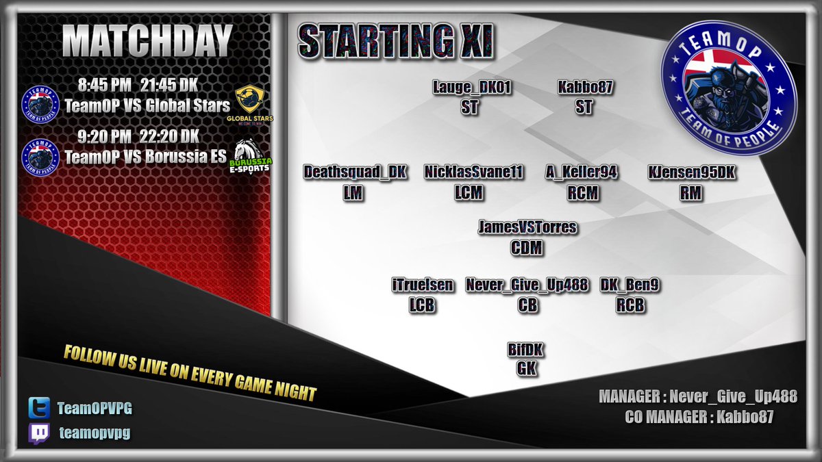 We didn´t manage to get the 3 Points last night. But tonight we go again, and facing <a href="/_GlobalStars_/">Global Stars</a>  8:45Pm 21:45Dk and <a href="/borussia_esport/">Borussia-E-Sports</a> at 9:20Pm 22:20Dk, hope to see you on the stream tonight, its about to go on 8:30Pm 21:30DK  twitch.tv/teamopvpg <a href="/VPGEurope/">Virtual Pro Gaming | Europe</a> <a href="/VPGPremier/">VPG Esports Premier</a>