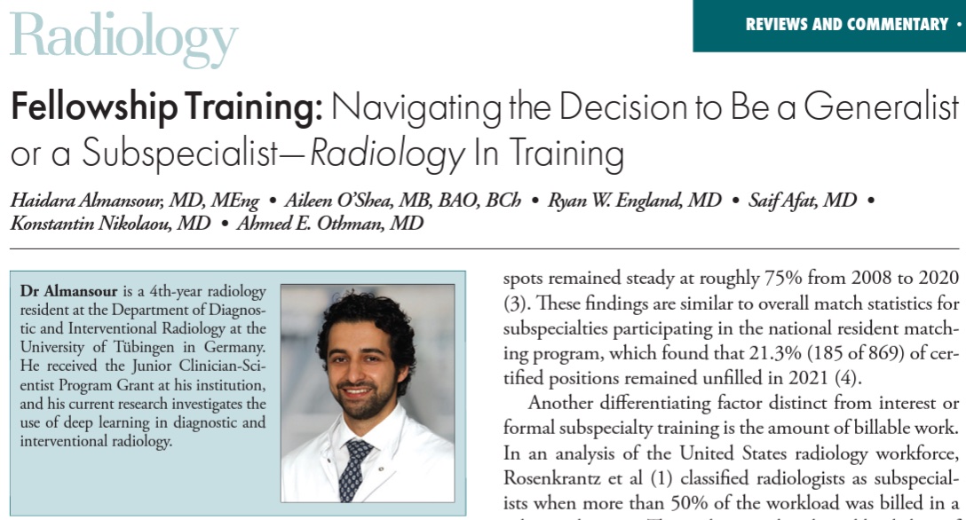 Career choices during radiology training. Deciding whether or not to subspecialize is one of the major ones. <a href="/HalmansourMD/">Haidara Almansour, MD, M.Eng</a> offers a guide in this #RadInTraining Perspective article just out in <a href="/radiology_rsna/">Radiology</a>. <a href="/AileenO_Shea/">AileenOShea</a> <a href="/RyanWEngland/">Ryan England, MD</a>