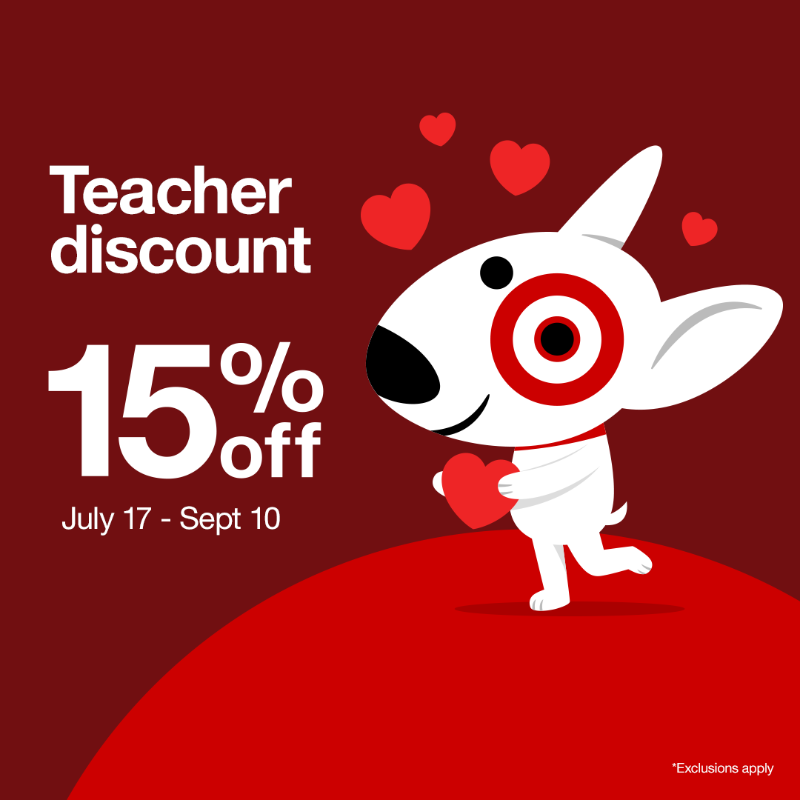 Target's tweet photo. Teachers! Get a 15% off select classroom supplies and more. Offer valid 7/17-9/10 online &amp; in stores.