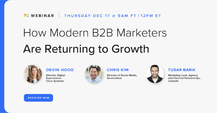 TshapeScott's tweet photo. B2B Marketers: join us on Dec. 17 for an interactive Q&amp;A on with leaders from @Cisco, @Servicenow, and @LinkedIn! Discover key insights on how to optimize your social channels as you return to growth. Register: https://t.co/YKIo4iSrGB https://t.co/lDFSOM07db