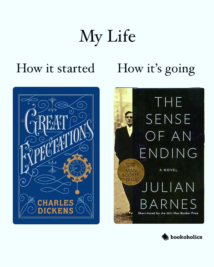 Biologistic's tweet photo. 😭 Which book title sums up YOUR life?
Disappointment aside, have you read #greatexpectations or #thesenseofanending ? It also just so happens that both were made into a movie! I haven’t seen any, but I LOVED Barnes’ novel. https://t.co/dmQPdl2iyN